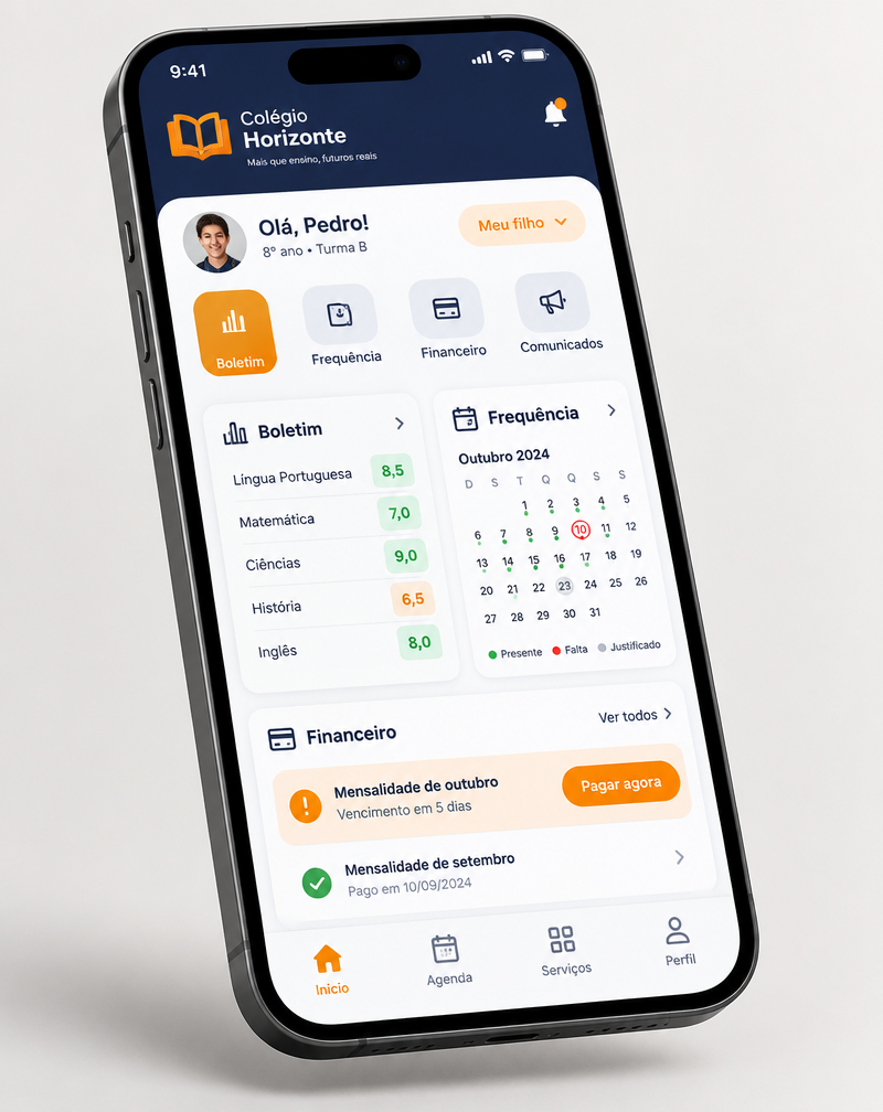 Aplicativo Escolaweb com boletim, frequência e financeiro no celular