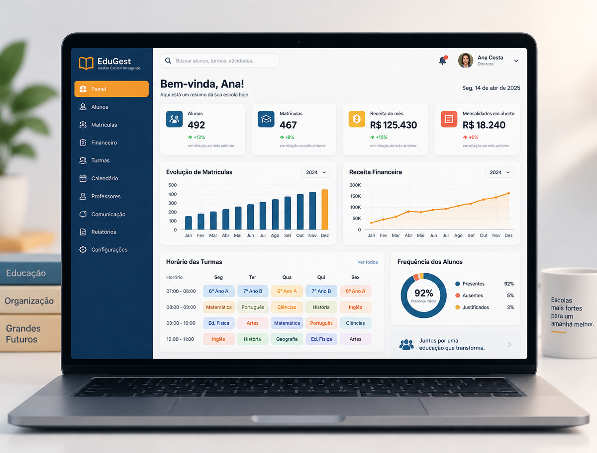 Painel de gestão escolar do Escolaweb com matrículas, financeiro e frequência